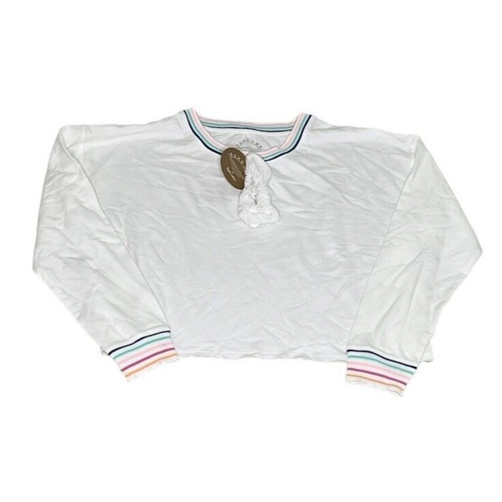 SUNDOWN by SPLENDID Pastel Rainbow Stripe Trim Raw Hem Crop Pullover Small